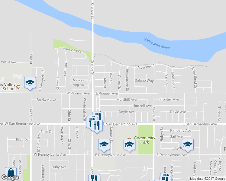 map of restaurants, bars, coffee shops, grocery stores, and more near 1808 Cave Street in Redlands