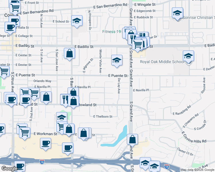 map of restaurants, bars, coffee shops, grocery stores, and more near 739 East Navilla Place in Covina