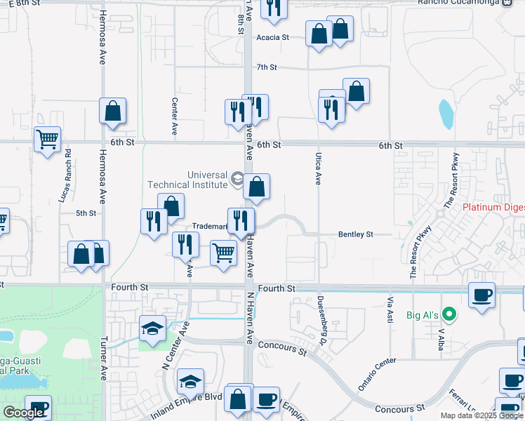 map of restaurants, bars, coffee shops, grocery stores, and more near 9500 Haven Avenue in Rancho Cucamonga