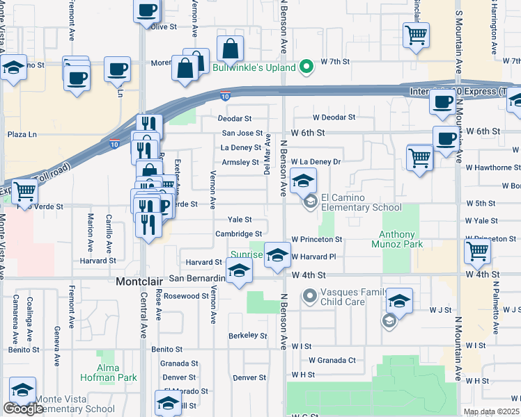 map of restaurants, bars, coffee shops, grocery stores, and more near 5635 Palo Verde Street in Montclair