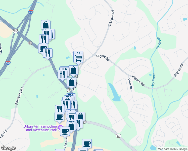 map of restaurants, bars, coffee shops, grocery stores, and more near 3476 Harvest Ridge Lane Northeast in Buford