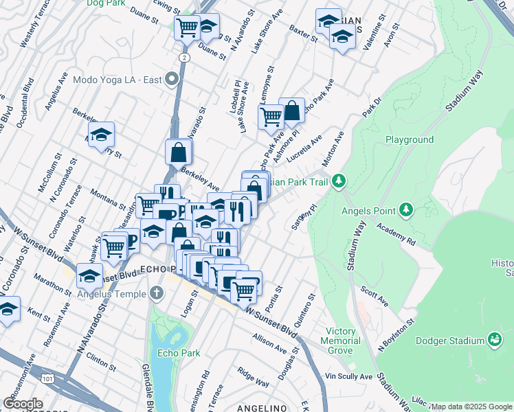 map of restaurants, bars, coffee shops, grocery stores, and more near 1551 Echo Park Avenue in Los Angeles