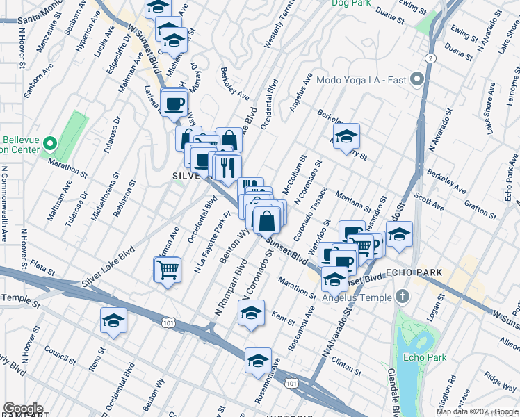 map of restaurants, bars, coffee shops, grocery stores, and more near 2597 Elsinore Street in Los Angeles