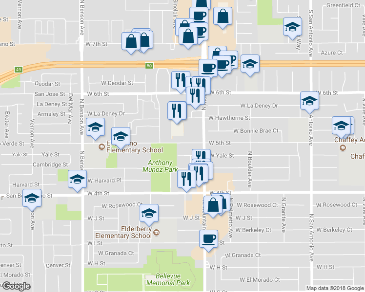 map of restaurants, bars, coffee shops, grocery stores, and more near 1153 West 5th Street in Ontario