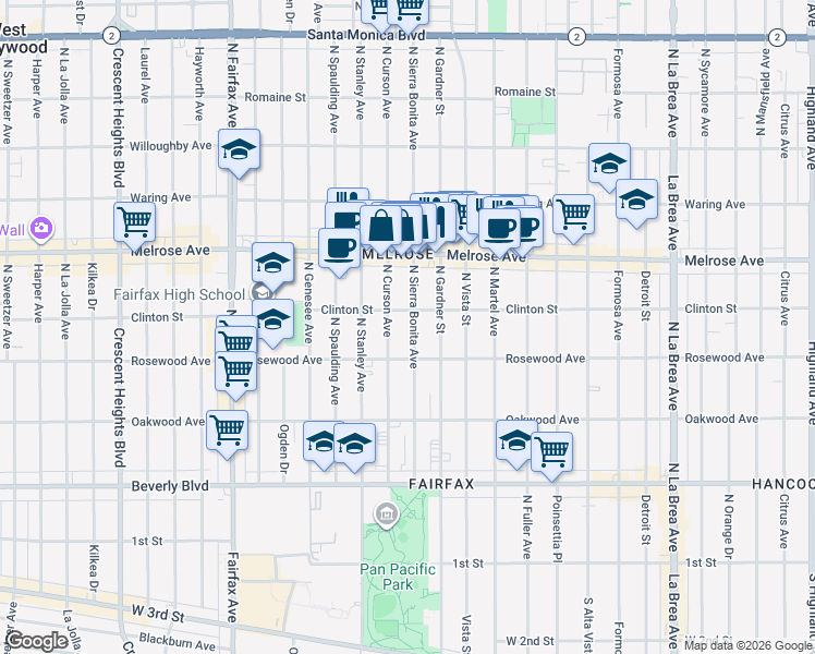 map of restaurants, bars, coffee shops, grocery stores, and more near 535 North Sierra Bonita Avenue in Los Angeles