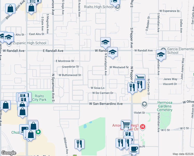 map of restaurants, bars, coffee shops, grocery stores, and more near 1934 West Admiralty Street in Colton