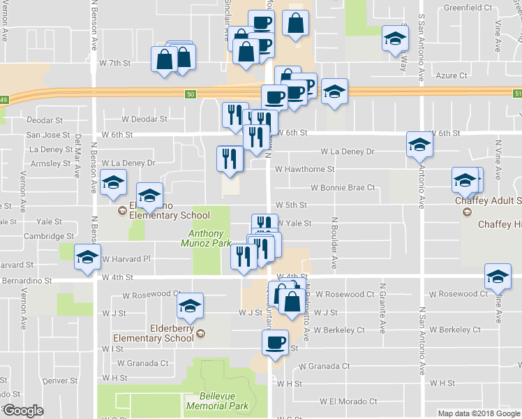 map of restaurants, bars, coffee shops, grocery stores, and more near 1109 West 5th Street in Ontario