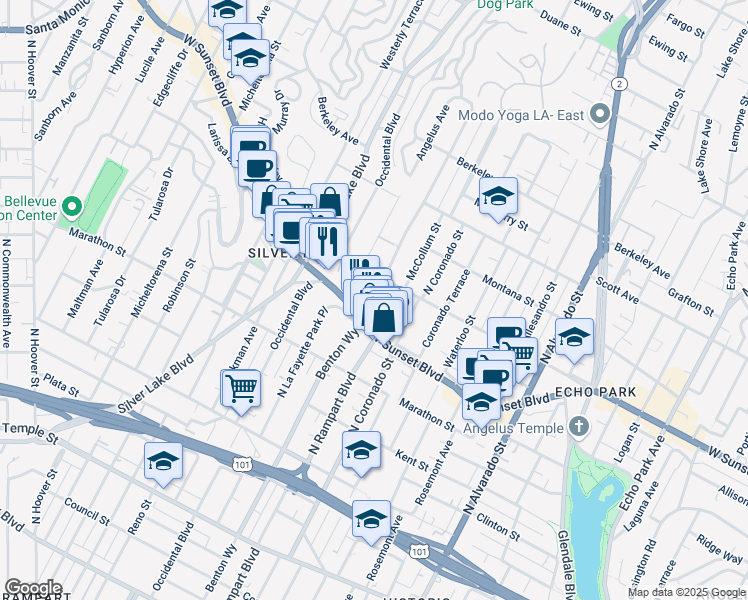 map of restaurants, bars, coffee shops, grocery stores, and more near 2627 Elsinore Street in Los Angeles