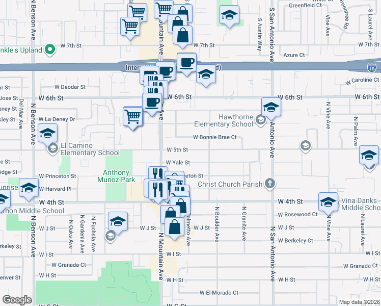 map of restaurants, bars, coffee shops, grocery stores, and more near 967 West 5th Street in Ontario