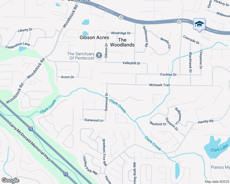 map of restaurants, bars, coffee shops, grocery stores, and more near 375 Clark Creek Pass in Acworth
