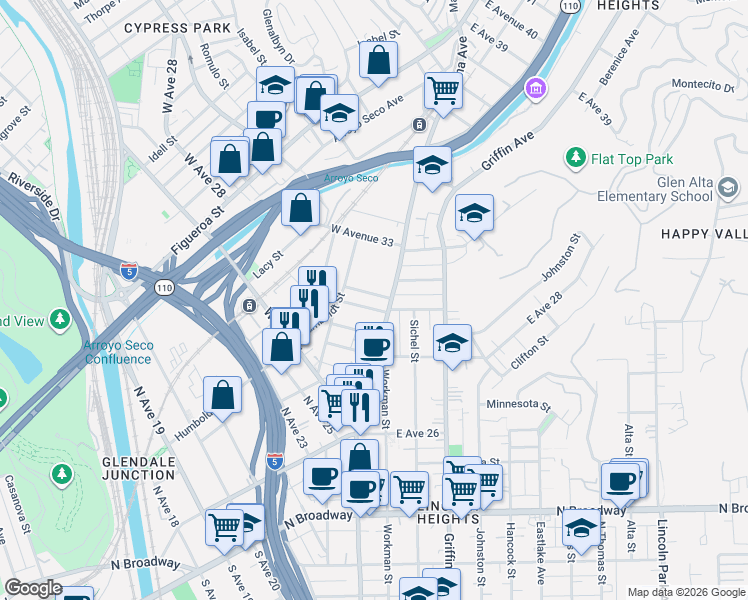 map of restaurants, bars, coffee shops, grocery stores, and more near 116 West Avenue 31 in Los Angeles