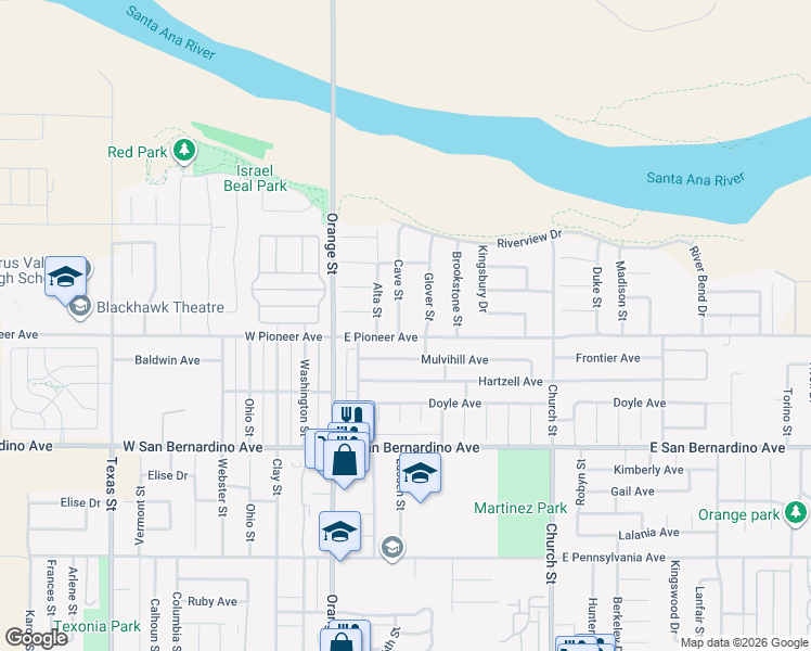 map of restaurants, bars, coffee shops, grocery stores, and more near 1808 Cave Street in Redlands