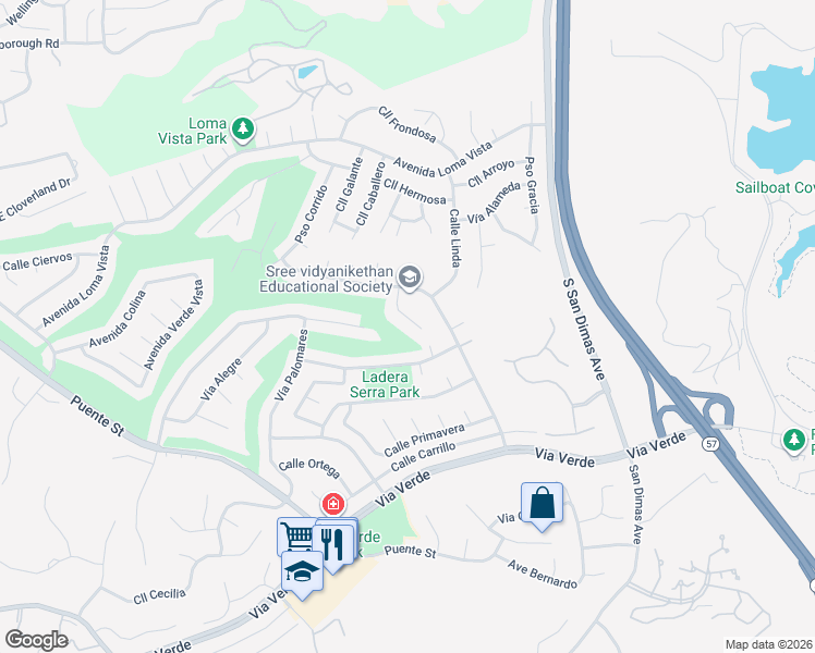 map of restaurants, bars, coffee shops, grocery stores, and more near 1633 Calle De Armonia in San Dimas