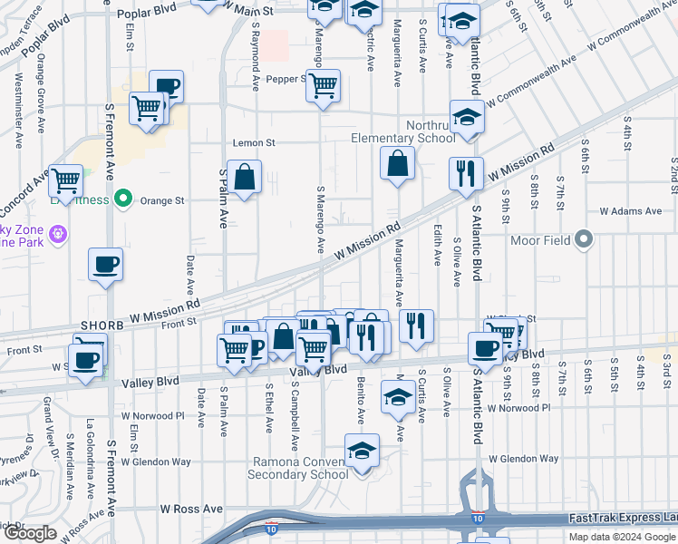 map of restaurants, bars, coffee shops, grocery stores, and more near 1624 Front Street in Alhambra