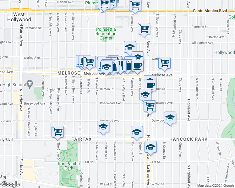 map of restaurants, bars, coffee shops, grocery stores, and more near 534 North Poinsettia Place in Los Angeles