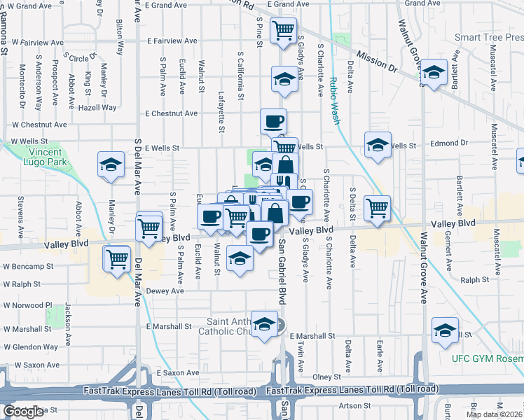 map of restaurants, bars, coffee shops, grocery stores, and more near 625 Kenmore Drive in San Gabriel