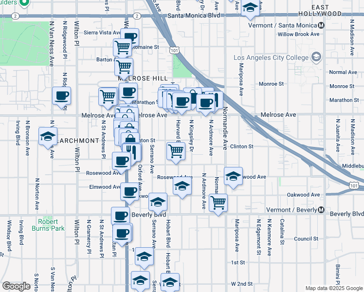 map of restaurants, bars, coffee shops, grocery stores, and more near 4710 Clinton Street in Los Angeles
