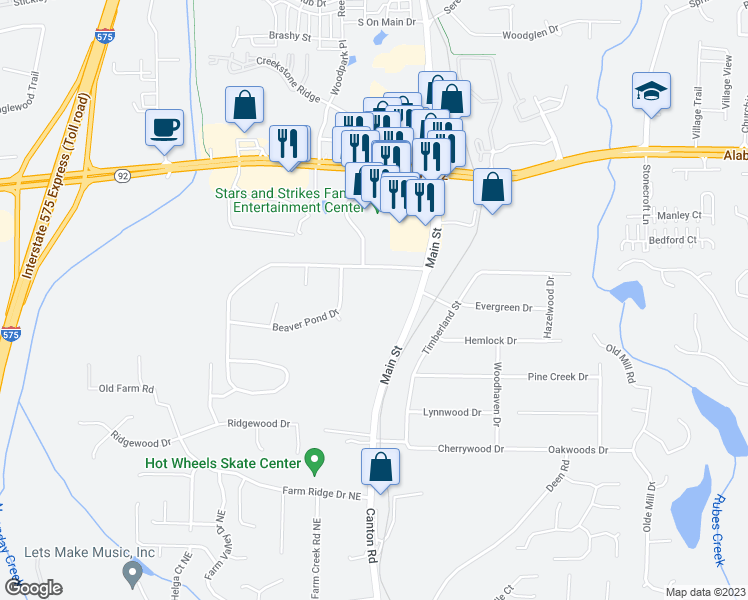 map of restaurants, bars, coffee shops, grocery stores, and more near 9876 Main Street in Woodstock