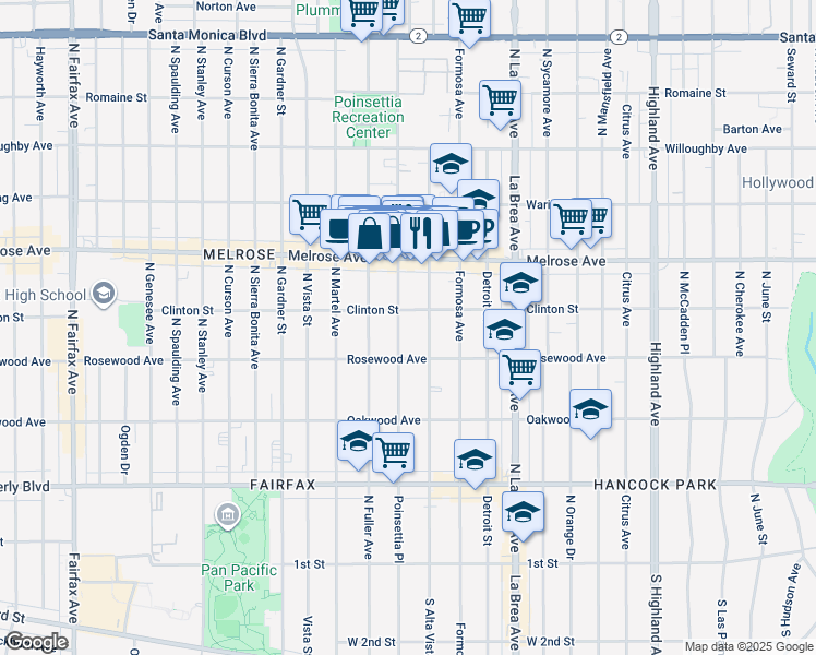 map of restaurants, bars, coffee shops, grocery stores, and more near 534 North Poinsettia Place in Los Angeles