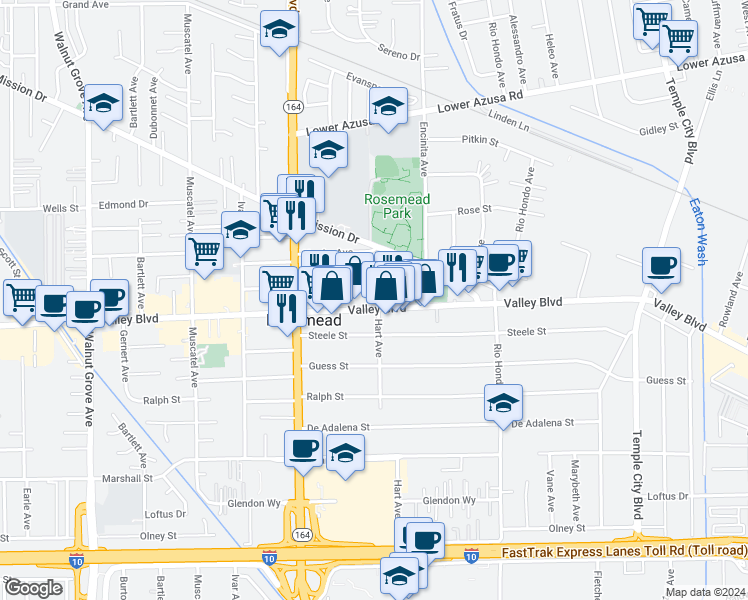 map of restaurants, bars, coffee shops, grocery stores, and more near 9147 Valley Boulevard in Rosemead