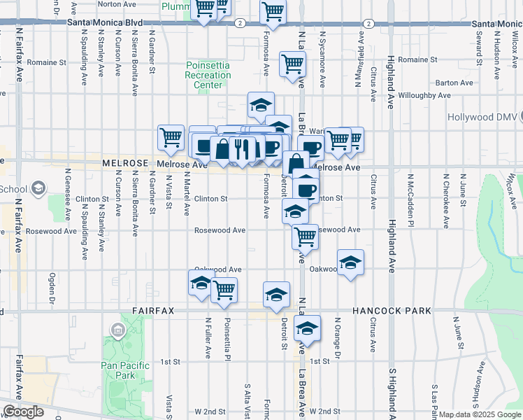 map of restaurants, bars, coffee shops, grocery stores, and more near 535 North Formosa Avenue in Los Angeles