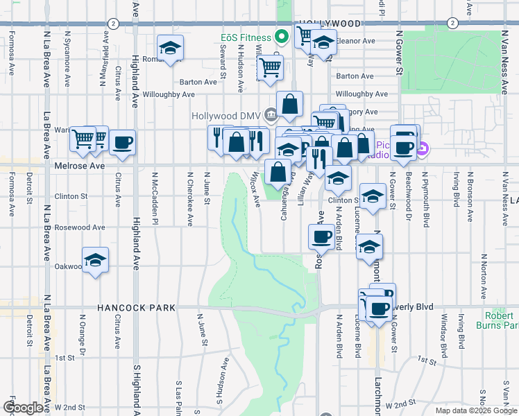 map of restaurants, bars, coffee shops, grocery stores, and more near Wilcox Avenue in Los Angeles