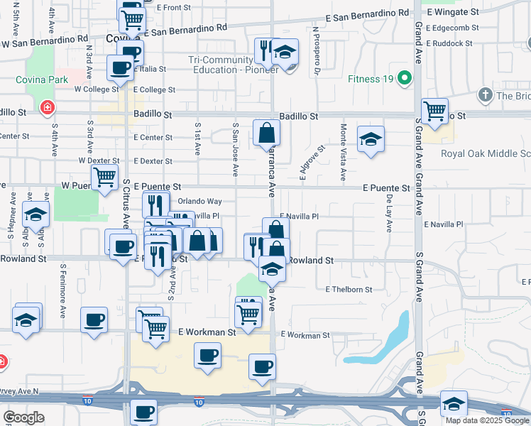 map of restaurants, bars, coffee shops, grocery stores, and more near 453 South Barranca Avenue in Covina