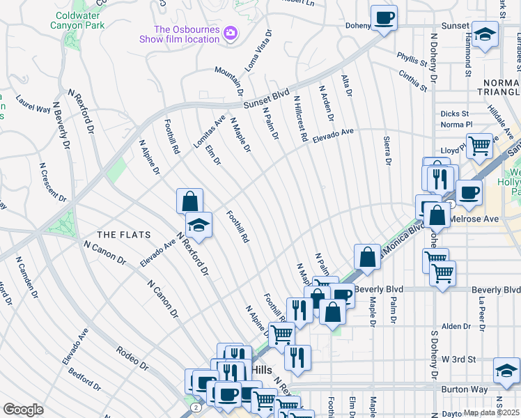 map of restaurants, bars, coffee shops, grocery stores, and more near 622 Elm Drive in Beverly Hills