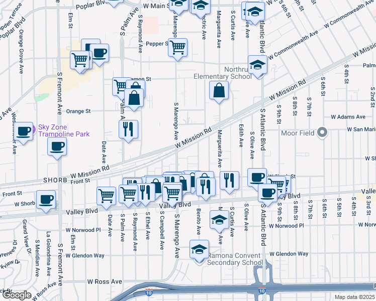 map of restaurants, bars, coffee shops, grocery stores, and more near 1618 Front Street in Alhambra