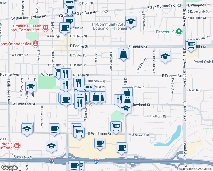 map of restaurants, bars, coffee shops, grocery stores, and more near 361 East Navilla Place in Covina