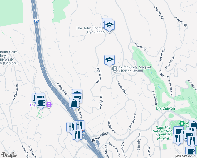 map of restaurants, bars, coffee shops, grocery stores, and more near 825 Linda Flora Drive in Los Angeles