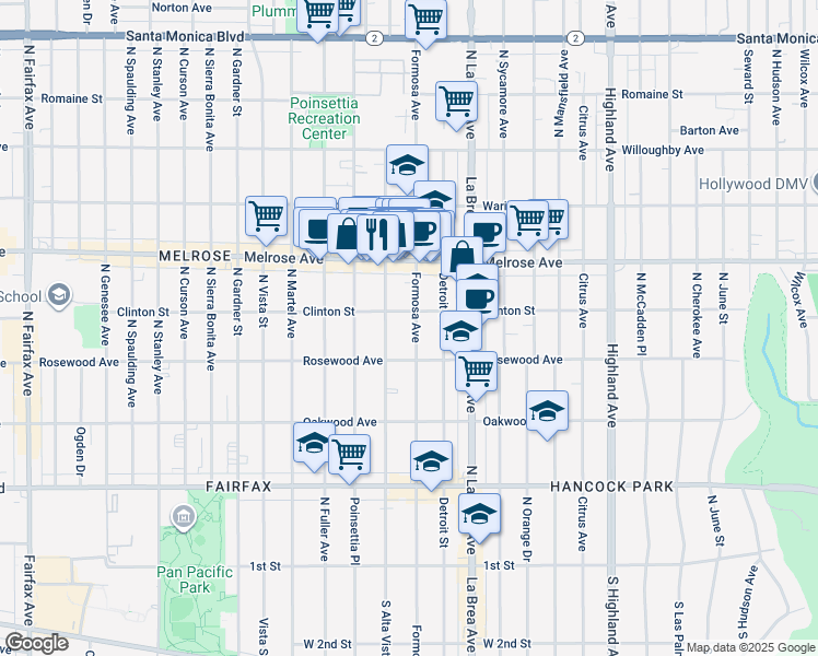 map of restaurants, bars, coffee shops, grocery stores, and more near 535 North Formosa Avenue in Los Angeles