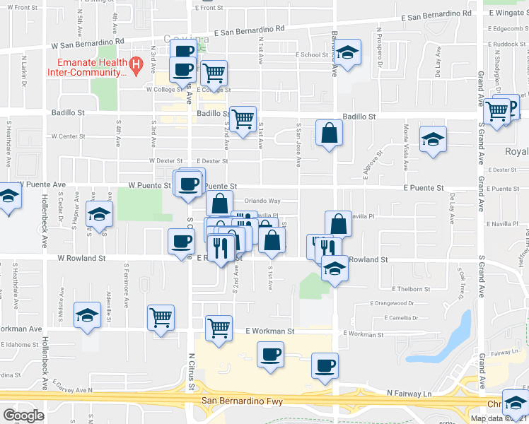 map of restaurants, bars, coffee shops, grocery stores, and more near 305 East Navilla Place in Covina