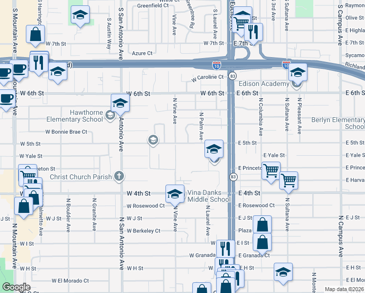 map of restaurants, bars, coffee shops, grocery stores, and more near 347 West 5th Street in Ontario