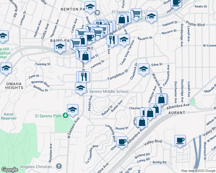 map of restaurants, bars, coffee shops, grocery stores, and more near 3107 Pueblo Avenue in Los Angeles