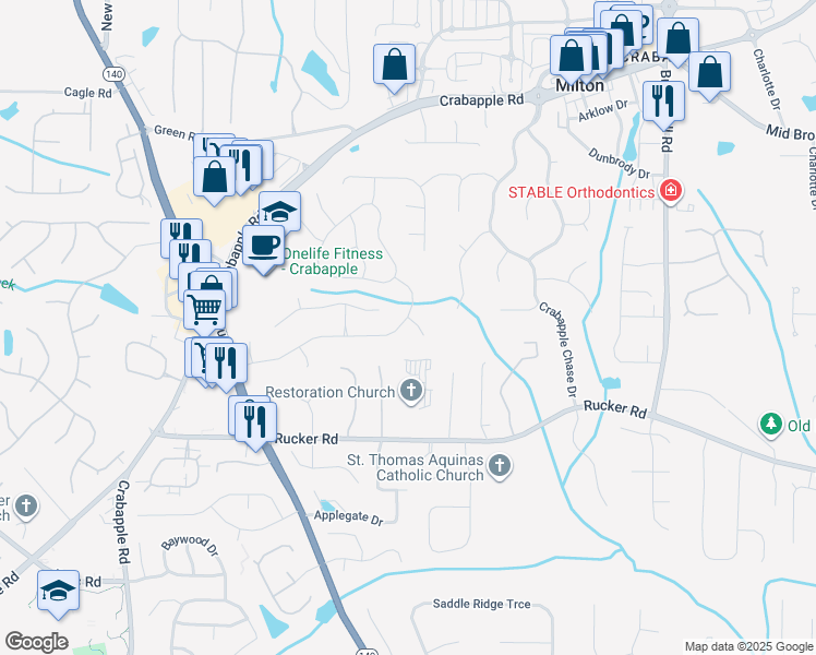 map of restaurants, bars, coffee shops, grocery stores, and more near 205 Hidden Meadow Drive in Alpharetta