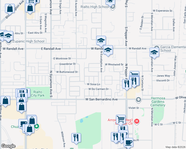 map of restaurants, bars, coffee shops, grocery stores, and more near 1934 West Admiralty Street in Colton