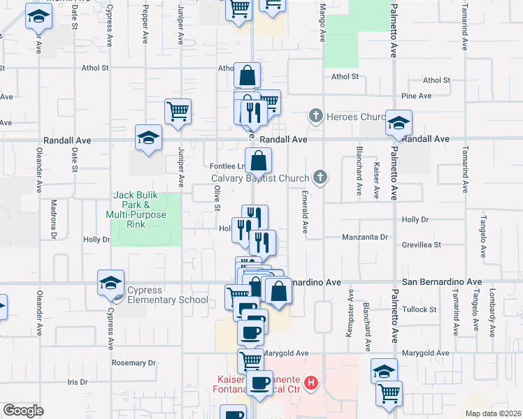 map of restaurants, bars, coffee shops, grocery stores, and more near 9481 Sierra Avenue in Fontana