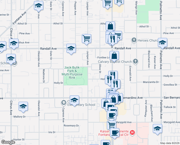 map of restaurants, bars, coffee shops, grocery stores, and more near 16733 Hawthorne Avenue in Fontana