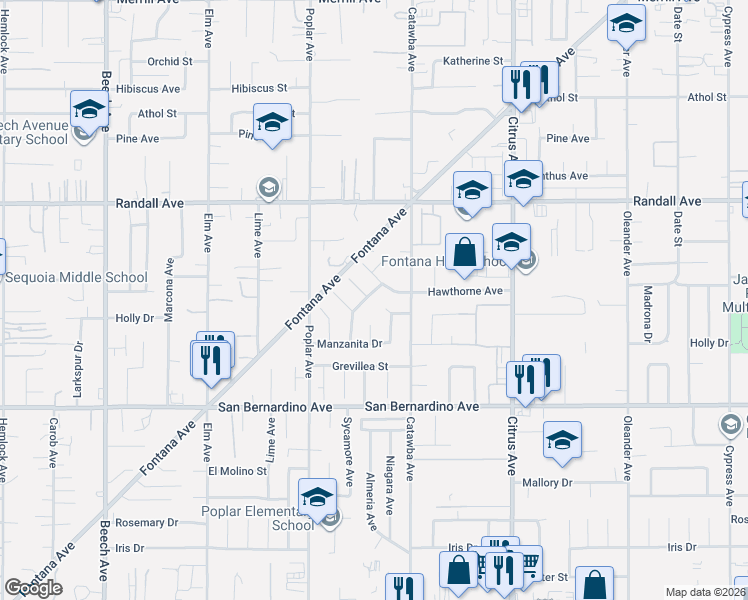 map of restaurants, bars, coffee shops, grocery stores, and more near 15851 Hawthorne Avenue in Fontana
