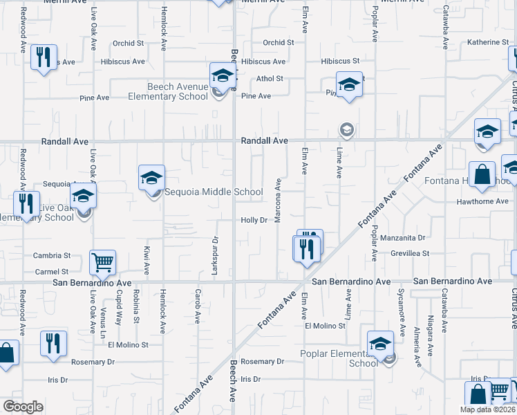 map of restaurants, bars, coffee shops, grocery stores, and more near 15375 Hawthorne Avenue in Fontana