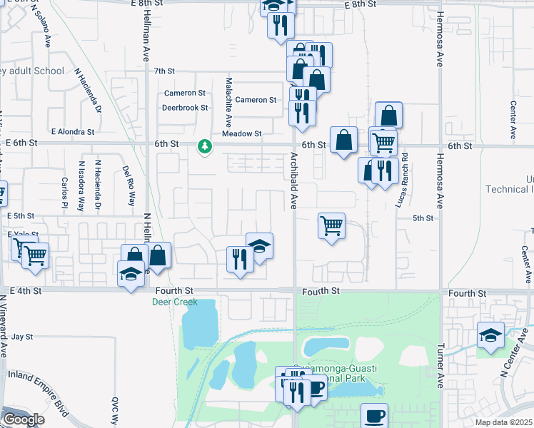 map of restaurants, bars, coffee shops, grocery stores, and more near 9479 Twin Oaks Place in Rancho Cucamonga