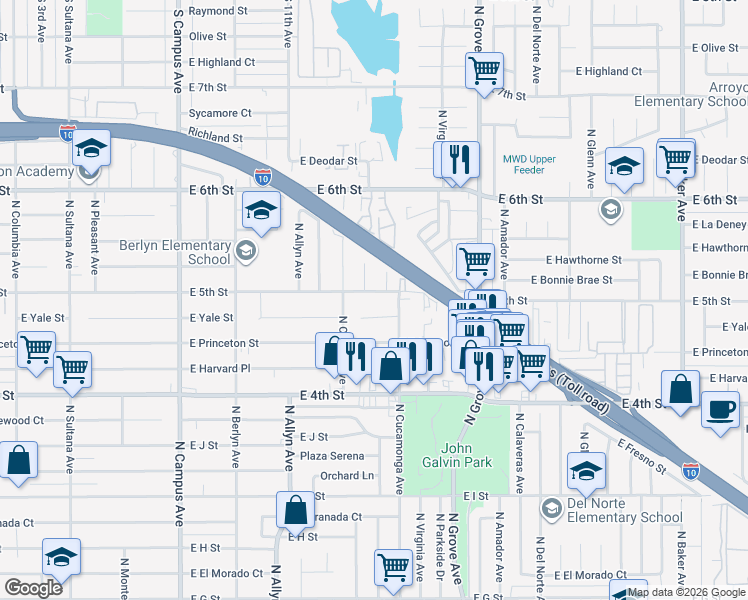 map of restaurants, bars, coffee shops, grocery stores, and more near 1048 East 5th Street in Ontario