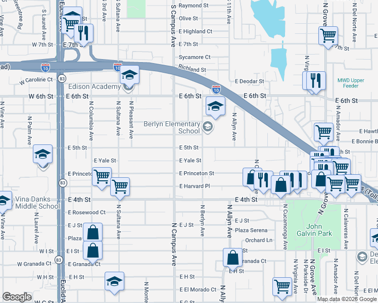 map of restaurants, bars, coffee shops, grocery stores, and more near 730 East 5th Street in Ontario