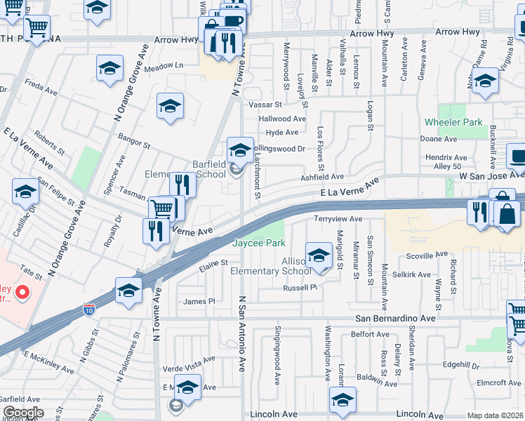 map of restaurants, bars, coffee shops, grocery stores, and more near 868 East La Verne Avenue in Pomona