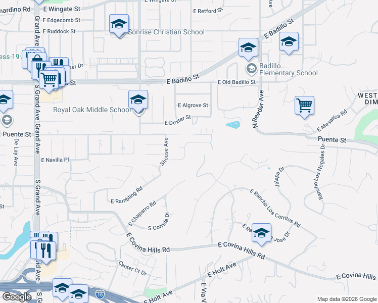 map of restaurants, bars, coffee shops, grocery stores, and more near 444 Banna Avenue in Covina
