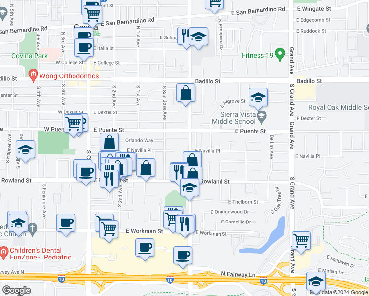 map of restaurants, bars, coffee shops, grocery stores, and more near 427 South Barranca Avenue in Covina