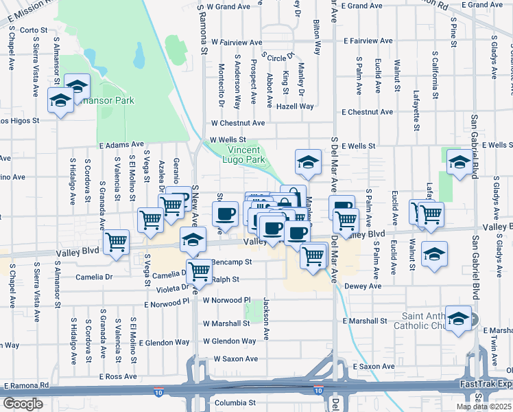 map of restaurants, bars, coffee shops, grocery stores, and more near 302 West Newby Avenue in San Gabriel