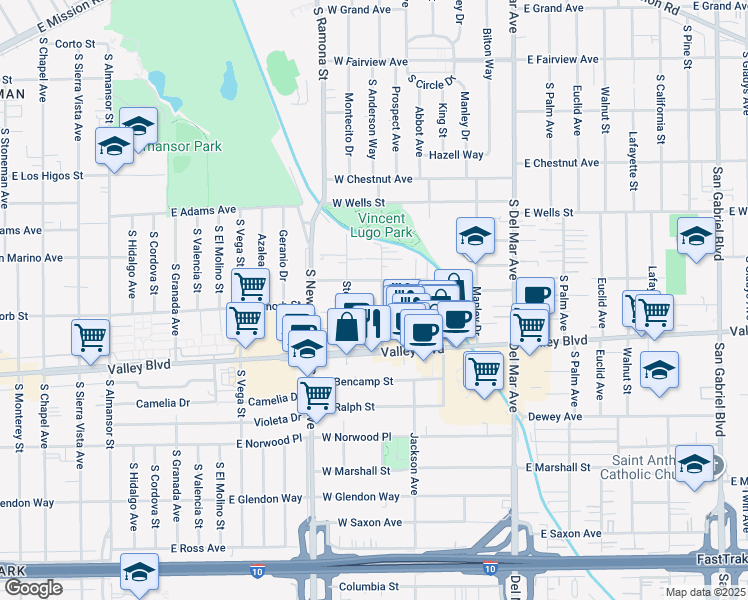 map of restaurants, bars, coffee shops, grocery stores, and more near 1515 Prospect Avenue in San Gabriel