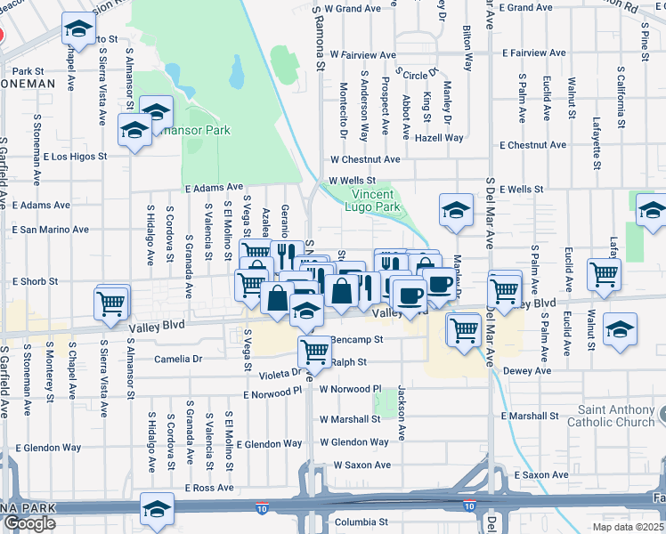 map of restaurants, bars, coffee shops, grocery stores, and more near 1509 Stevens Avenue in San Gabriel